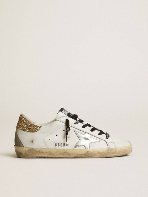 Women's White Leather Super-Star With Glittery Heel Tab Super-Star Women Golden Goose