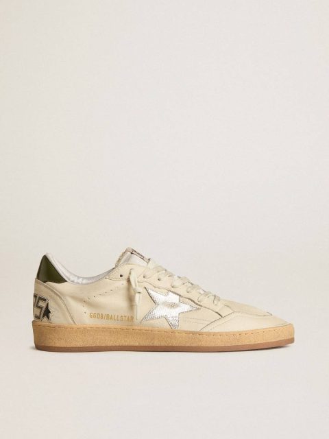 Worn White Golden Goose Men Men's Ball Star With Silver Leather Star And Green Leather Heel Tab Ball Star