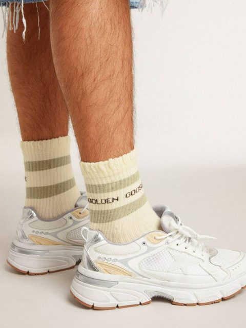 Worn-White Socks With Distressed Details And Sage-Green Stripes Worn White Women Socks Golden Goose - Image 2