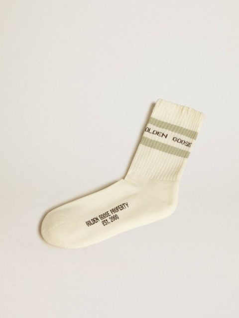 Worn-White Socks With Distressed Details And Sage-Green Stripes Worn White Women Socks Golden Goose
