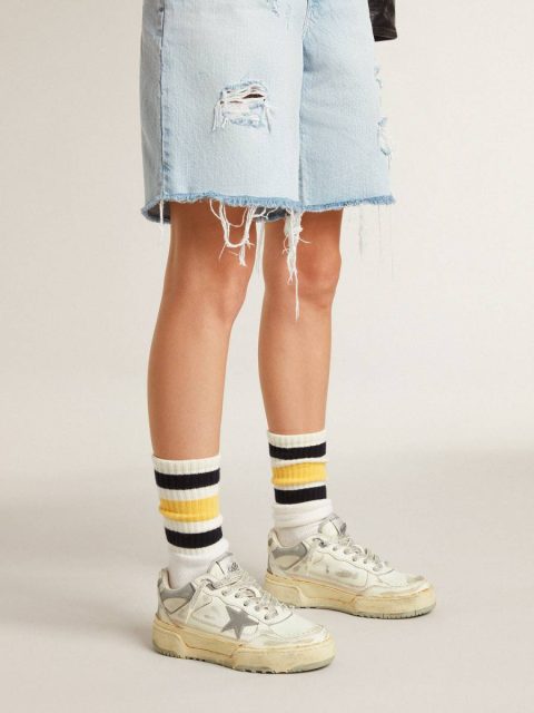 Worn White Women Golden Goose Worn-White Socks With Distressed Details And Black And Yellow Stripes Socks - Image 4