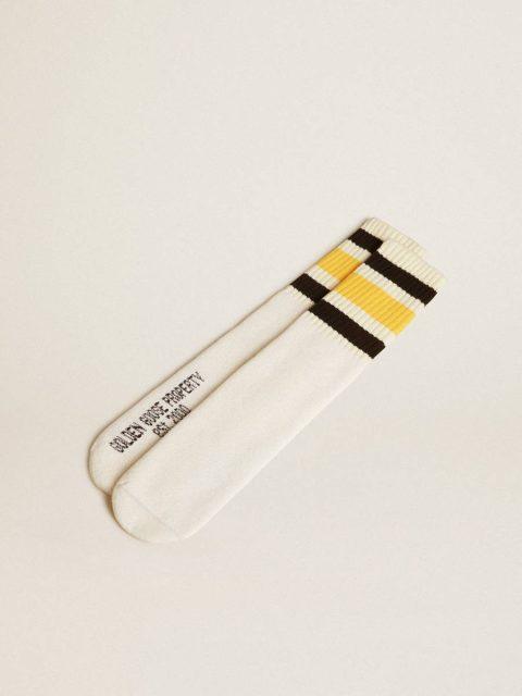 Worn White Women Golden Goose Worn-White Socks With Distressed Details And Black And Yellow Stripes Socks